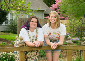 Avon Gardens owners Taylor Doehrman and Tara Cody on a bridge
