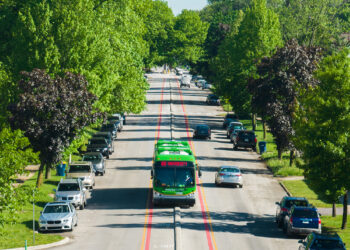 IndyGo bus in the middle of Indianapolis street
