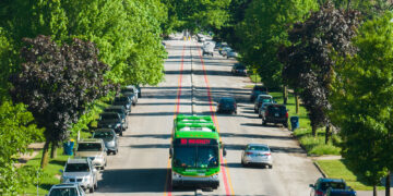 IndyGo bus in the middle of Indianapolis street