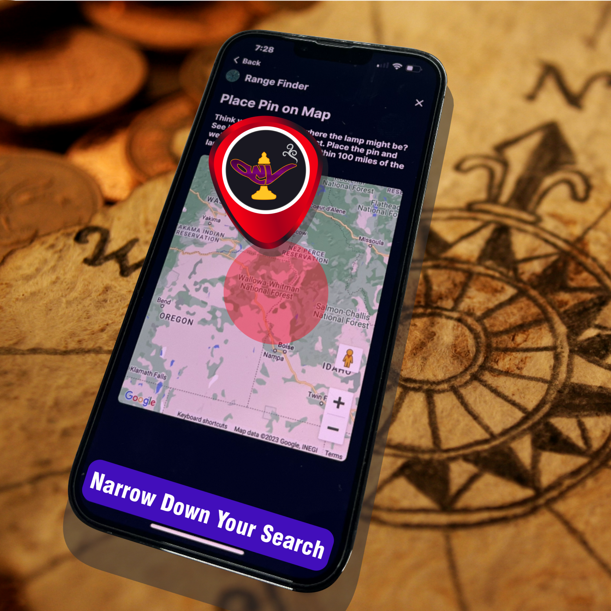 Pinned on a map on a cell phone screen