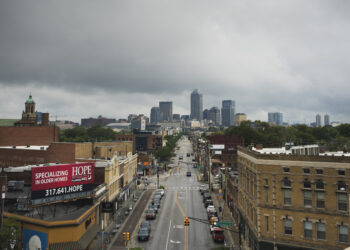 Aerial view of intersection of Shelby and Virginia Avenues, Indianapolis, Indiana