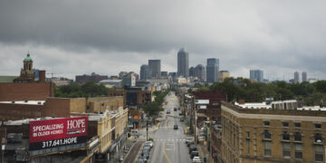 Aerial view of intersection of Shelby and Virginia Avenues, Indianapolis, Indiana