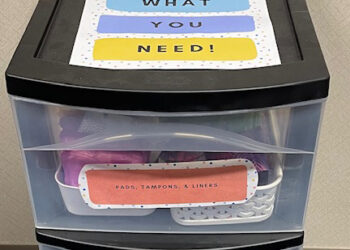 Plastic drawer unit with menstruation items inside