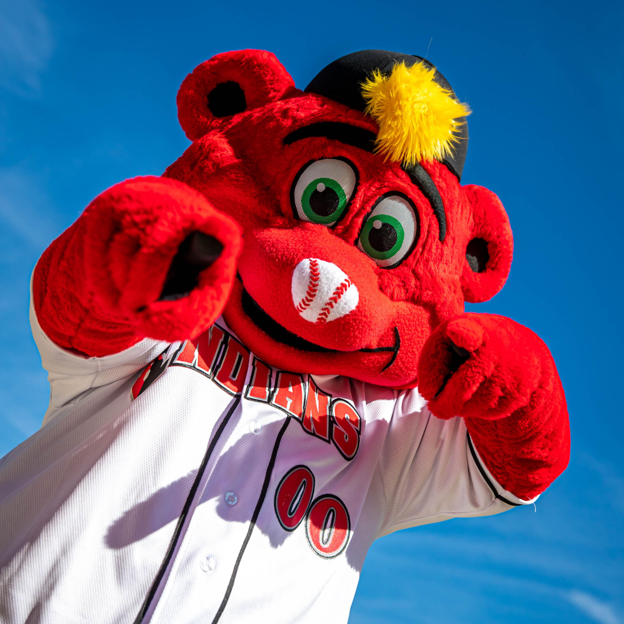 Indianapolis Indians mascot pointing at camera