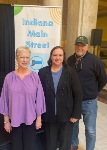 MSZ Board Members Liz Esra, Erica Carpenterand Mark Walters at 40th Anniversary
celebration of Indiana Main Street at the
Statehouse where MSZ was recognized as a
new Main Street Community. November 2025,