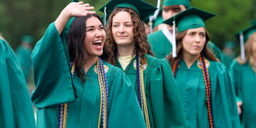 Zionsville High School graduates in green cap and gowns.