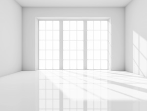 White room with 3 tall windows