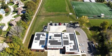 Birds eye view of Maple Grove Elementary School with Solar energy