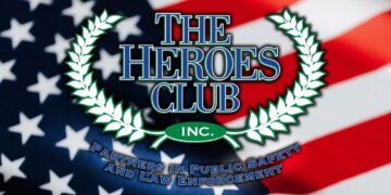 Logo of The Heroes Club, Inc., "Partners in public safety and law enforcement," over an American flag.