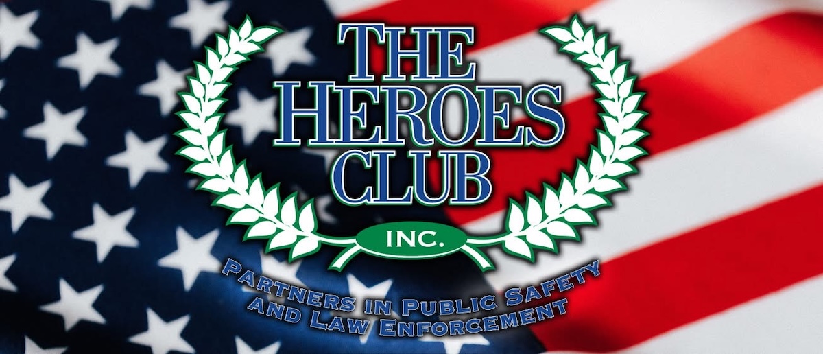 Logo of The Heroes Club, Inc., "Partners in public safety and law enforcement," over an American flag.