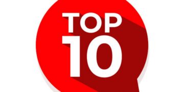 Top 10 word on red speech bubble.