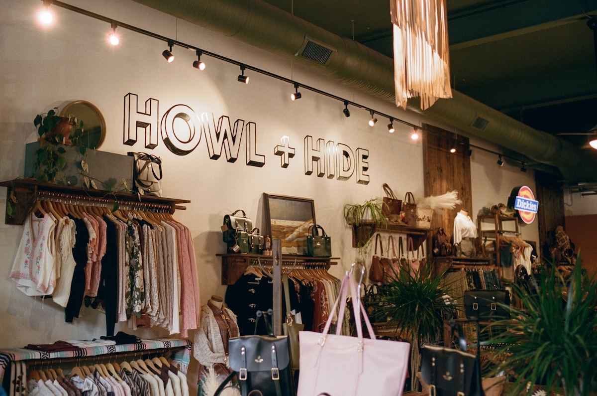 The well-curated interior of the Howl + Hide leather goods and apparel boutique in Indianapolis