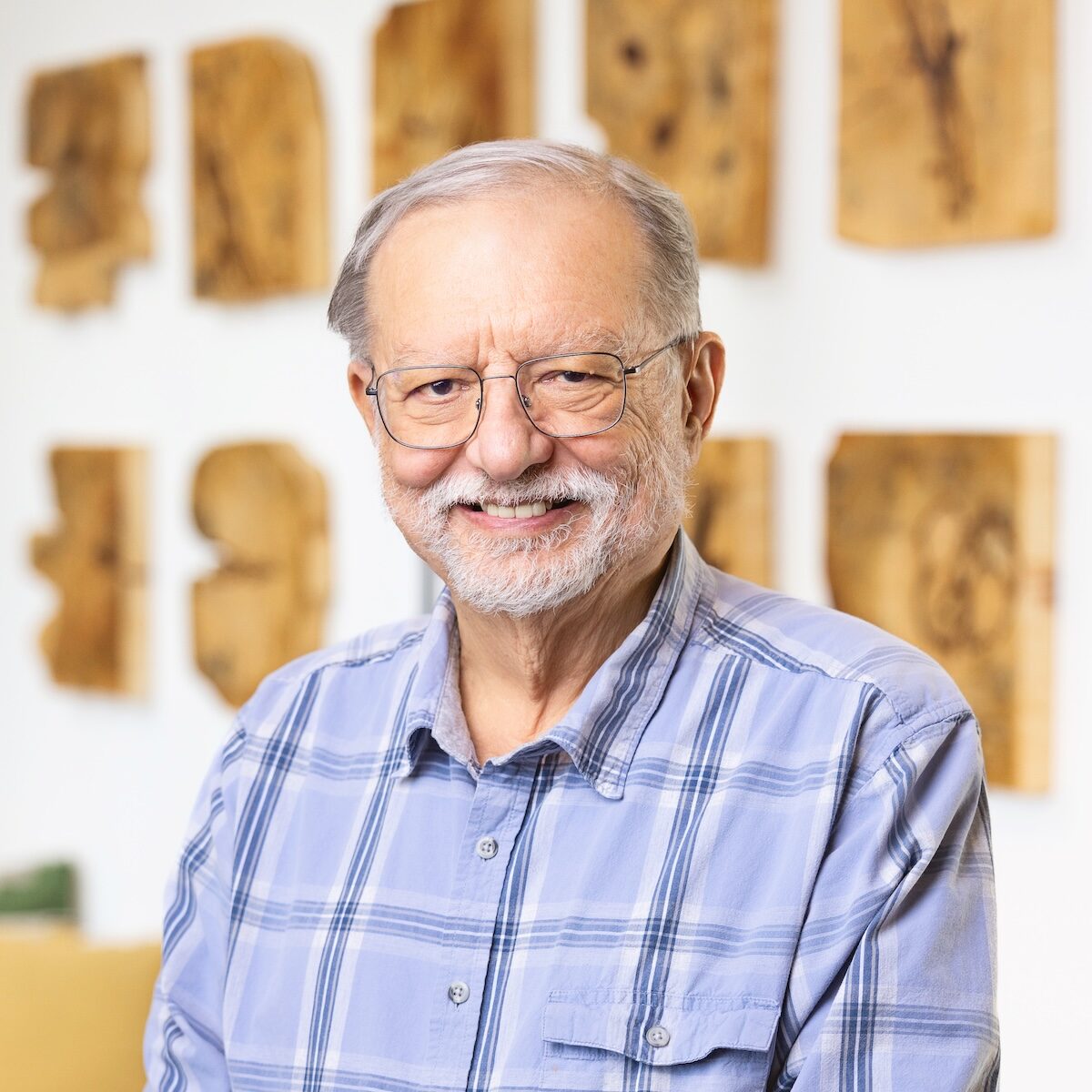 A medium, waist-up portrait of an older man with gray hair, a short gray beard, and glasses, smiling warmly at the camera. He is wearing a light blue and white plaid button-down shirt. He stands in a brightly lit room with a clean, modern aesthetic. In the background, several rectangular pieces of natural wood art with dark knots and grain patterns are mounted on a white wall in a grid-like arrangement. A dark gray sofa with a yellow cushion is partially visible to the left.