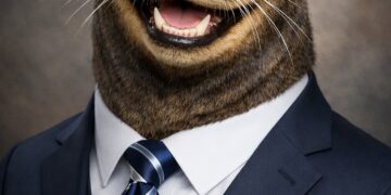 A whimsical, AI-generated portrait of a smiling sea lion dressed in a formal three-piece navy blue suit. The sea lion wears a crisp white collared shirt and a navy blue and silver striped tie, complete with a white pocket square. Its large, dark eyes and open-mouthed grin give it a joyful, human-like expression against a neutral, dark grey studio backdrop.