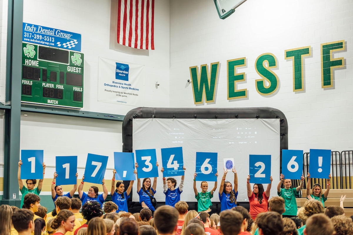A high-energy scene in the Westfield High School gymnasium shows a row of eleven students standing on a stage, triumphantly holding up individual blue signs that collectively spell out the fundraising total: "117,346.26!" The students, wearing a mix of blue, green, and red t-shirts, are cheering as they reveal the record-breaking amount to a large, blurred crowd of their peers in the foreground. Above them on the wall, the word "WESTF" is visible in large green and gold letters, alongside a scoreboard and an American flag. A large projection screen behind the students and banners for local sponsors like Riverview Health and Indy Dental Group frame the celebration.