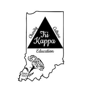 A black-and-white logo for Tri Kappa set within an outline of the state of Indiana. In the center, a large black triangle features the name "Tri Kappa" in white cursive, flanked by the words "Charity," "Culture," and "Education." A single carnation flower is illustrated at the bottom left, next to the text "Since 1901."