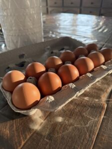 A dozen brown farm-fresh eggs in a cardboard carton, resting on a rustic wooden table. Warm, golden sunlight streams across the scene, casting long shadows and highlighting the smooth texture of the shells. In the background, a white textured pitcher sits near a dresser.