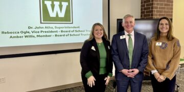 A group of three smiling people—two women and a man—stand together in a modern meeting room. The woman on the left is wearing a black blazer over a green top, the man in the center is in a dark blue suit with a green tie, and the woman on the right is wearing a brown patterned sweater. They are positioned in front of a large projection screen displaying a green box with a white "W" logo and the text: "Dr. John Atha, Superintendent," "Rebecca Ogle, Vice President - Board of School Trustees," and "Amber Willis, Member - Board of School Trustees." A dark brick pillar and a large television monitor are visible to the right.