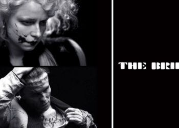 A black-and-white promotional image for Maggie Gyllenhaal’s movie "The Bride!" It features close-ups of Jessie Buckley as the Bride with ink-splattered makeup and Christian Bale as Frankenstein’s monster showing a stitched forehead and chest tattoo.