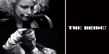 A black-and-white promotional image for Maggie Gyllenhaal’s movie "The Bride!" It features close-ups of Jessie Buckley as the Bride with ink-splattered makeup and Christian Bale as Frankenstein’s monster showing a stitched forehead and chest tattoo.