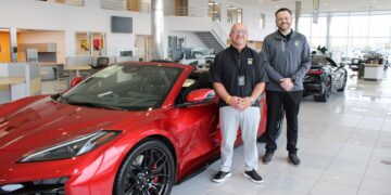 A professional portrait of two dealership employees standing by a new red Corvette C8 Z06. The showroom features high ceilings, glass walls, and other luxury vehicles in the background.