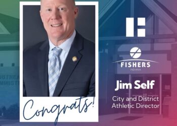 Promotional graphic with a headline reading "Congrats!" in blue script; it features a headshot of Jim Self, the City of Fishers logo, and text identifying him as the "City and District Athletic Director."