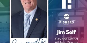 Promotional graphic with a headline reading "Congrats!" in blue script; it features a headshot of Jim Self, the City of Fishers logo, and text identifying him as the "City and District Athletic Director."