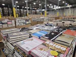 
Thousands of books are stacked in large cardboard bins inside a massive, high-ceilinged warehouse. The foreground shows stacks of various hardcovers and paperbacks, including some cookbooks and novels, with a shallow depth of field that blurs the rows of books and yellow support pillars in the background. Overhead, bright industrial lights illuminate the space.