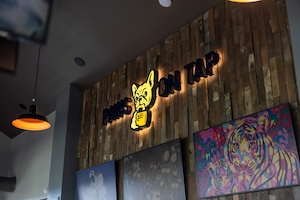 An interior shot of Paws on Tap featuring a backlit logo mounted on a rustic wood-plank wall. The logo shows a yellow French Bulldog head holding a beer mug with the words "PAWS ON TAP" in black letters. Below the sign, colorful, stylized pop-art paintings of animals, including a tiger, are displayed. A warm pendant light hangs to the left.