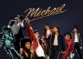 A digital collage featuring multiple depictions of pop star Michael Jackson from different eras of his career. The background is a solid dark gray. At the top center, the word "Michael" is written in a gold, cursive, handwritten font style. The figures of Michael Jackson are arranged across the frame in various iconic outfits and performance poses, capturing his artistic evolution from his youth into his mature solo career.
