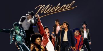 A digital collage featuring multiple depictions of pop star Michael Jackson from different eras of his career. The background is a solid dark gray. At the top center, the word "Michael" is written in a gold, cursive, handwritten font style. The figures of Michael Jackson are arranged across the frame in various iconic outfits and performance poses, capturing his artistic evolution from his youth into his mature solo career.