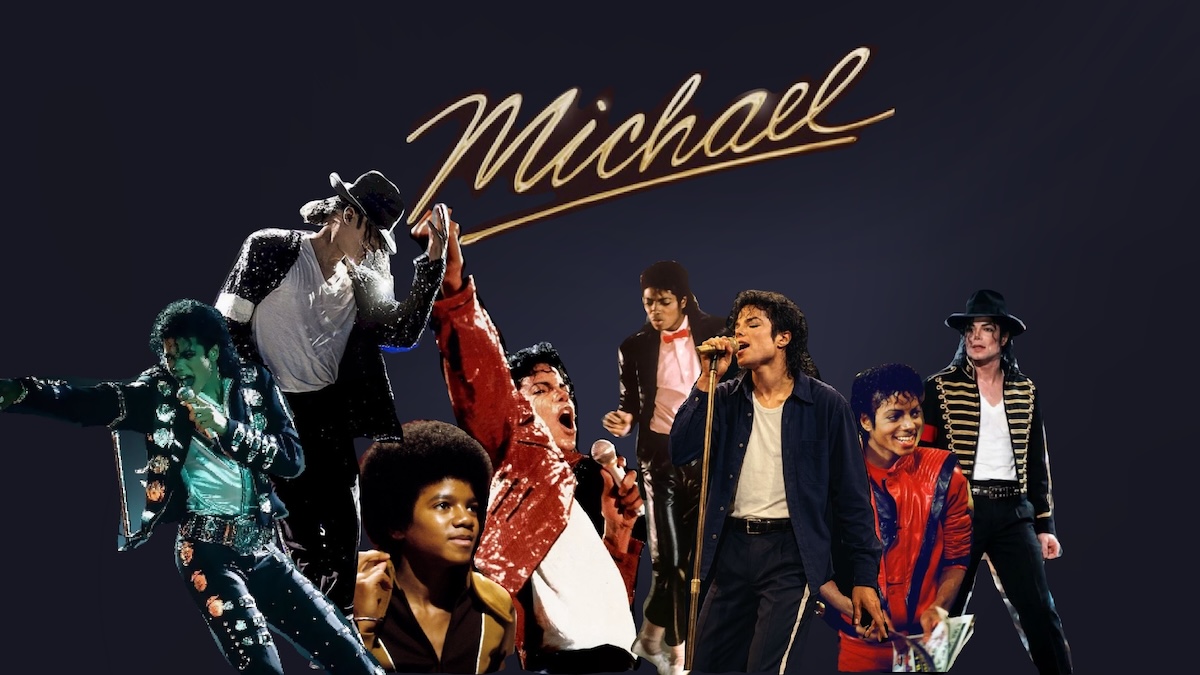 A digital collage featuring multiple depictions of pop star Michael Jackson from different eras of his career. The background is a solid dark gray. At the top center, the word "Michael" is written in a gold, cursive, handwritten font style. The figures of Michael Jackson are arranged across the frame in various iconic outfits and performance poses, capturing his artistic evolution from his youth into his mature solo career.