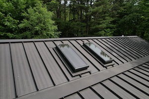 A close-up, elevated view of a dark brown standing seam metal roof section featuring two long, rectangular skylights installed side-by-side. The raised vertical seams of the metal panels run down the slope of the roof, with custom flashing visible around the bases of the skylight frames. In the background, the dense green foliage of mature trees is visible under natural daylight.
