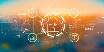 A wide digital graphic illustrates the concept of property technology (PropTech) against a glowing orange and blue background. In the center, a simple white outline of a house is encircled by a glowing ring, representing smart home connectivity. Surrounding the house are circular icons representing key real estate concepts: a key for security, a percent sign for interest rates or financing, scales for legal or compliance, and a bar chart for market growth and analytics. The entire scene is layered with intricate digital data points, arrows, and circuitry patterns, suggesting a futuristic, data-driven real estate market.