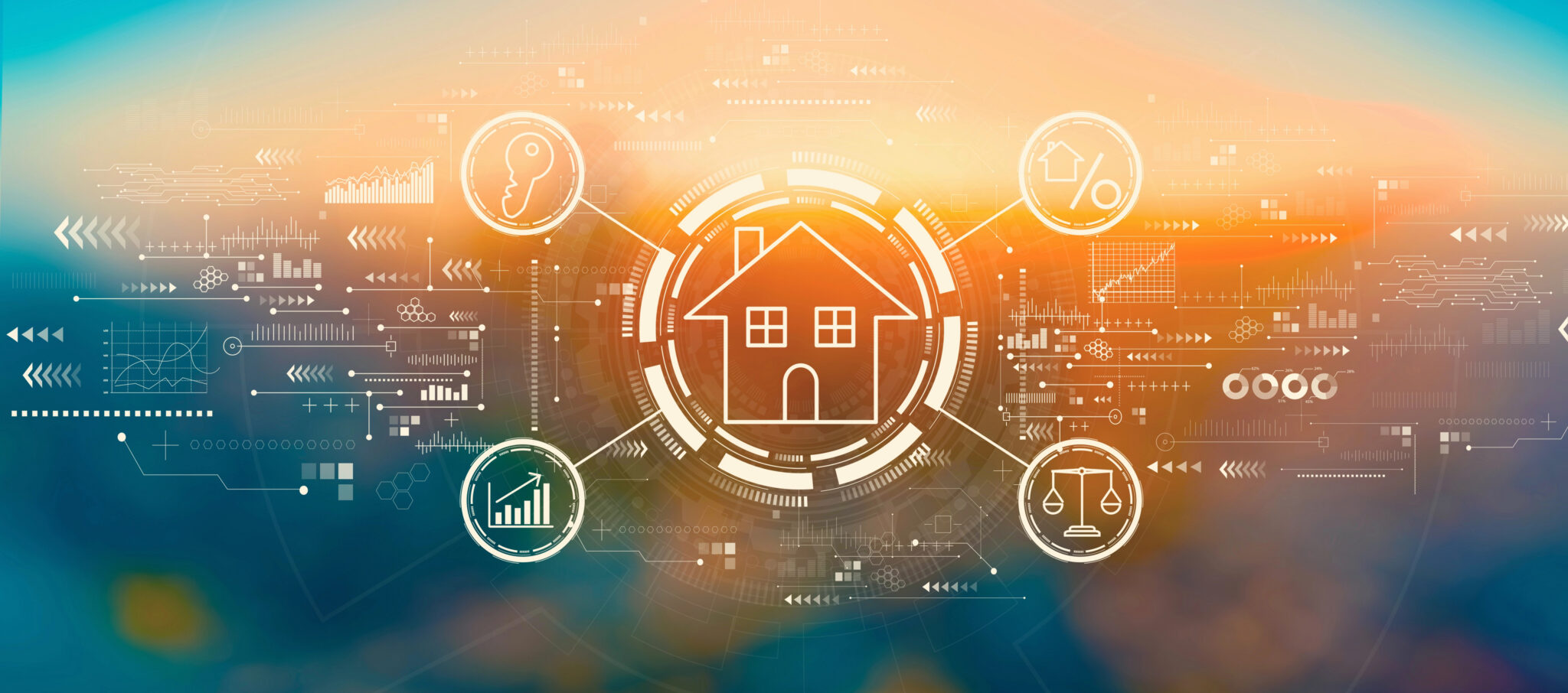 A wide digital graphic illustrates the concept of property technology (PropTech) against a glowing orange and blue background. In the center, a simple white outline of a house is encircled by a glowing ring, representing smart home connectivity. Surrounding the house are circular icons representing key real estate concepts: a key for security, a percent sign for interest rates or financing, scales for legal or compliance, and a bar chart for market growth and analytics. The entire scene is layered with intricate digital data points, arrows, and circuitry patterns, suggesting a futuristic, data-driven real estate market.