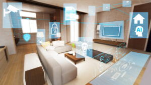 A digital overlay representing smart home technology is superimposed over a modern, minimalist living room. The room features a neutral sectional sofa, a dark wood coffee table, and a wall-mounted television. Glowing blue icons float throughout the space, including a padlock for security, a lightbulb for lighting control, a document for data, and a head with "AI" inside it. Lines of computer code and circular data interfaces are visible on the left and right, illustrating an interconnected, automated home environment.