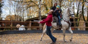 A man in a red sweater playfully pretends to be struck by a toy sword held by a child on horseback. The child, wearing a blue helmet, sits on a white horse behind an adult in a circular sand arena. The background features autumn trees with yellow leaves and a small wooden shed.