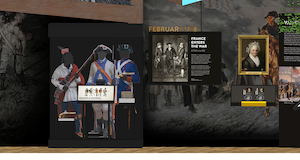 A digital rendering of a museum exhibition display dedicated to the American Revolution. The left panel shows three life-sized figures representing diverse soldiers—an Indigenous man, a Continental soldier, and an African American soldier—standing behind an interactive informational podium. The center wall panel features historical illustrations titled "France Enters the War." The right section features a framed classical portrait of a historic figure, accompanied by a small graphic of three ships and instructional text blocks.