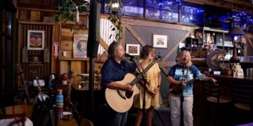 A live music trio performs inside a rustic bar or brewery with wood-paneled walls. On the left, a man sings into a microphone while playing an acoustic guitar. In the center, a woman in a yellow dress plays a smaller acoustic instrument. On the right, a woman in a tie-dye shirt sings into a microphone while playing a mandolin. The background features a bar area, a bar stool, hanging green plants, and a sign on the wall that reads "Muncie."