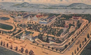 An antique, illustrated color postcard shows a bird's-eye, aerial view of Fontaine Ferry Park in Louisville, Kentucky. The sprawling amusement park grounds feature a complex layout of grand Beaux-Arts-style exhibition buildings, paved pedestrian pathways, manicured green lawns, and a large wooden roller coaster track snaking along the right side. In the background, a wide river filled with steamboats flows past rolling green hills on the far bank