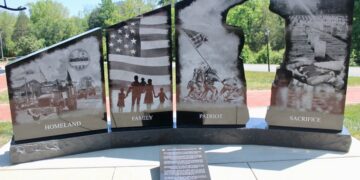 A black granite monument consists of four large vertical panels split into two sections, with a central cutout silhouette of a saluting soldier. The panels are etched with detailed black-and-white scenes and titles at the bottom: "HOMELAND" shows a community parade; "FAMILY" displays silhouettes of a family holding hands before an American flag; "PATRIOT" depicts the iconic Iwo Jima flag-raising; and "SACRIFICE" portrays a military cemetery and a grieving figure. A descriptive plaque sits on the concrete walkway in front of the base.