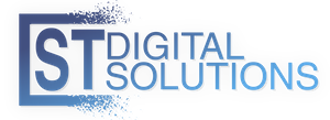 A corporate company logo on a solid black background. On the left, a blue gradient frame with a pixelated, dissolving effect on its right side borders the large stylized initials "ST". To the right of the frame, the words "DIGITAL SOLUTIONS" are written in a sans-serif font stacked in two lines with a blue-to-light-blue gradient.