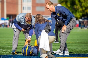 Action shot on a sunny athletic field. A football player wearing a blue and yellow helmet lies on the green turf near the sideline. Three sports medicine professionals lean over to evaluate him. On the left, a man in a grey and blue jacket holds the player's arm. In the center, a female trainer kneels with a white towel tucked into her waist. On the right, a man in a navy long-sleeve polo shirt and grey trousers watches carefully while leaning forward. A brick stadium building is softly blurred in the background.