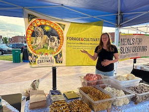 Outdoor shot under a blue canopy tent at an open-air market. A woman with long brown hair stands behind a display table, smiling and gesturing with her right hand toward her business banner. The banner features an artistic circular logo with drawings of mushrooms and text that reads "FORAGE & CULTIVATE Gourmet and Medicinal Mushrooms." On the table in front of her are several large clear plastic bins showcasing different fresh mushroom varieties, including bright yellow oyster mushrooms and white lion's mane mushrooms. A sign in the background reads "MEALS FOR SLOW COOKING."