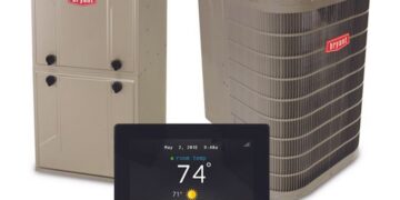 A Bryant brand HVAC system bundle featuring a tan indoor furnace unit on the left, a large tan outdoor air conditioner condenser unit on the right, and a black digital smart thermostat displaying 74 degrees positioned in the foreground.