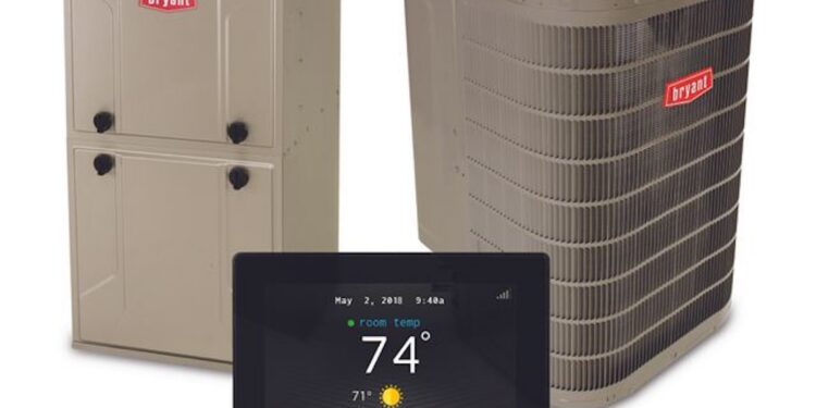A Bryant brand HVAC system bundle featuring a tan indoor furnace unit on the left, a large tan outdoor air conditioner condenser unit on the right, and a black digital smart thermostat displaying 74 degrees positioned in the foreground.