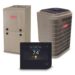 A Bryant brand HVAC system bundle featuring a tan indoor furnace unit on the left, a large tan outdoor air conditioner condenser unit on the right, and a black digital smart thermostat displaying 74 degrees positioned in the foreground.