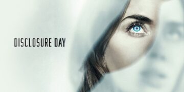 A cinematic movie poster features the title "DISCLOSURE DAY" in a clean, black, sans-serif font on the left against a bright white background. The right side shows a close-up, dramatic composite image of a woman's face partially obscured by layered, translucent white fabric. Her intense, bright blue eye is fully visible and in sharp focus, while her hair sweeps across her cheek and a faded, secondary image of her face appears in the soft-focus background.