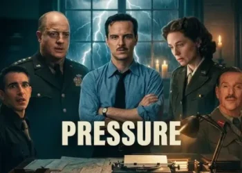 A promotional landscape image for the WWII movie Pressure. Five individuals stand in a dark, atmospheric room lit by candles and desk lamps. In the center stands Andrew Scott in a blue button-down shirt and tie with his arms crossed. To his left is Brendan Fraser in a decorated military uniform. Behind them, a large window reveals a dark night sky illuminated by brilliant, sharp streaks of lightning. In the foreground, a vintage typewriter and maps rest on a desk. The bold, white capitalized word "PRESSURE" is superimposed across the center of the image.