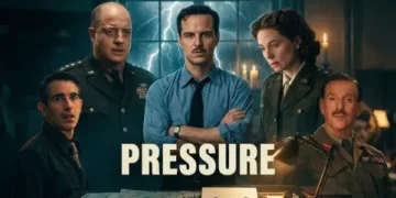 A promotional landscape image for the WWII movie Pressure. Five individuals stand in a dark, atmospheric room lit by candles and desk lamps. In the center stands Andrew Scott in a blue button-down shirt and tie with his arms crossed. To his left is Brendan Fraser in a decorated military uniform. Behind them, a large window reveals a dark night sky illuminated by brilliant, sharp streaks of lightning. In the foreground, a vintage typewriter and maps rest on a desk. The bold, white capitalized word "PRESSURE" is superimposed across the center of the image.